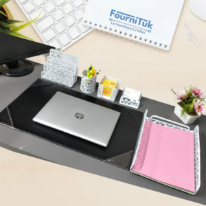 Ensemble de Bureau Métal Blanc: Tapis Sous Main + 5 Accessoires