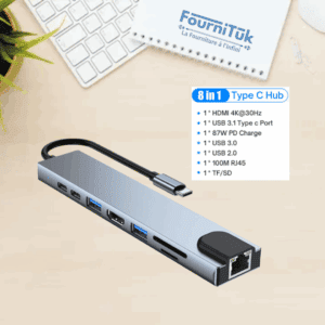 HUB USB C, Adaptateur USB C 8 en 1 avec HDMI 4K, PD 100 W, Port USB C, USB 3.0, Ethernet RJ45, Lecteur de Carte SD/TF, Station d'accueil Compatible avec MacBook Pro/Air et Autres Appareils de Type C