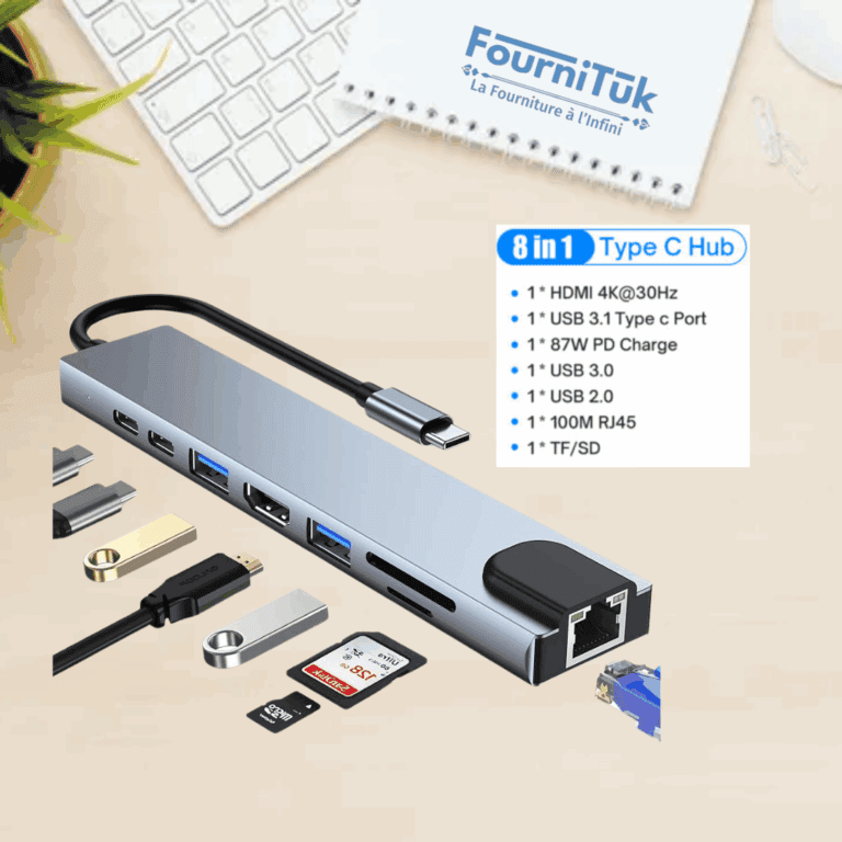 HUB USB C, Adaptateur USB C 8 en 1 avec HDMI 4K, PD 100 W, Port USB C, USB 3.0, Ethernet RJ45, Lecteur de Carte SD/TF, Station d'accueil Compatible avec MacBook Pro/Air et Autres Appareils de Type C