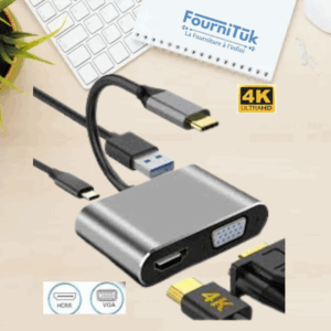 Adaptateur USB-C 4-en-1 Haut de Gamme | HDMI + VGA + USB 3.0 + Type-C |