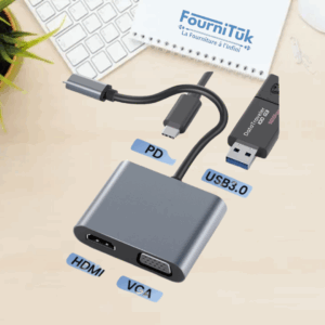 Adaptateur USB-C 4-en-1 Haut de Gamme | HDMI + VGA + USB 3.0 + Type-C |