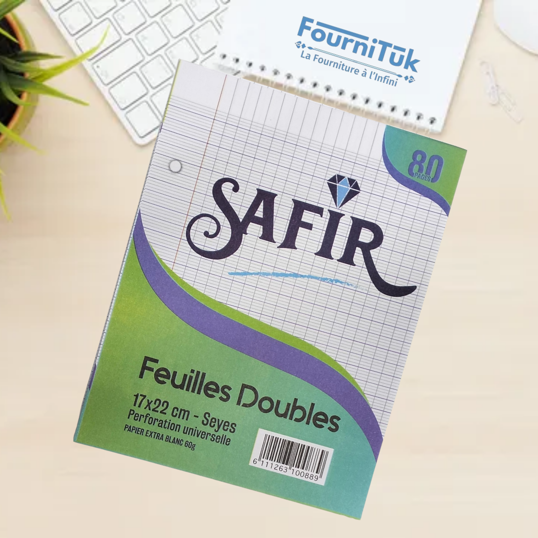 Feuille Double Blanche Perforée 17x22 cm – SAFIR | 80 Pages | Seyès