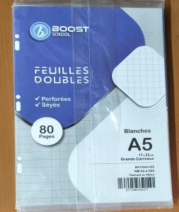 Feuilles Doubles Perforées – Seyès | A5 (17×22 cm) | 80 Pages | Papier Blanc | Grands Carreaux