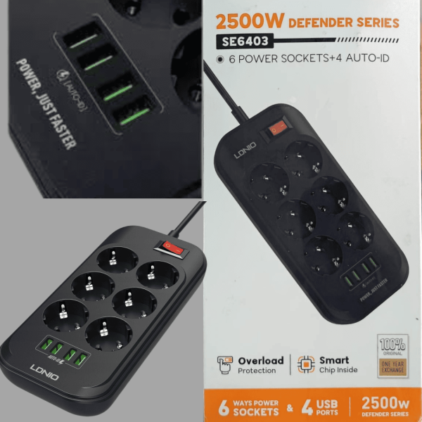 Multiprise LDNIO SE6403 – 6 Prises + 4 Ports USB | 2500W | Câble 2m | Noir
