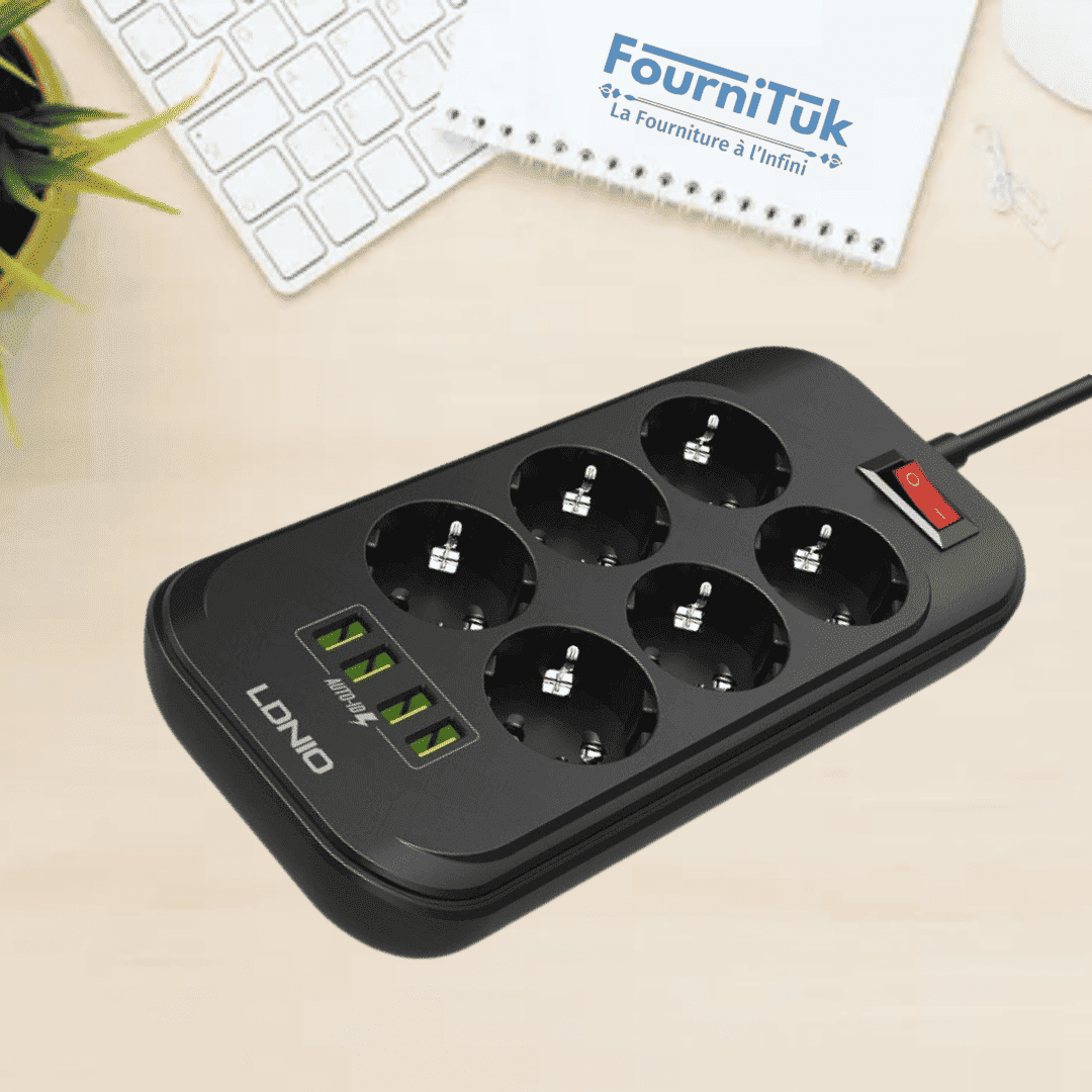 Multiprise LDNIO SE6403 – 6 Prises + 4 Ports USB | 2500W | Câble 2m | Noir