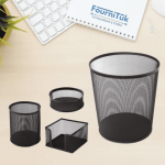 Ensemble de Bureau en Métal – 4 Pièces | Noir | Porte-stylo, Poubelle, Porte-cube, Porte-trombones