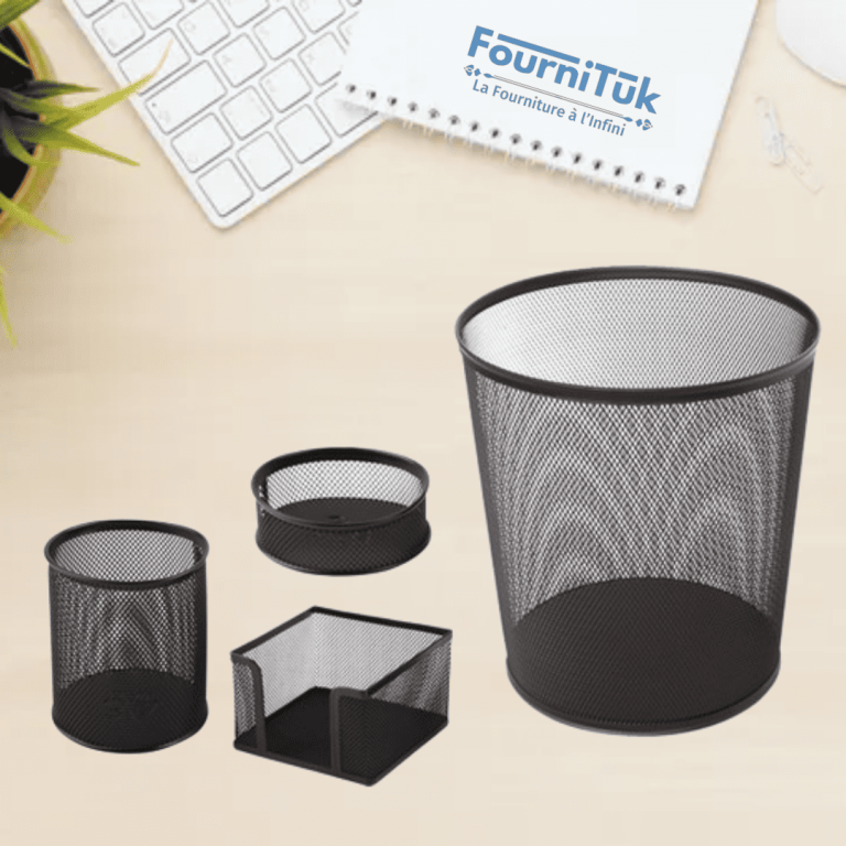 Ensemble de Bureau en Métal – 4 Pièces | Noir | Porte-stylo, Poubelle, Porte-cube, Porte-trombones