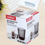 Ensemble de Bureau en Métal – 4 Pièces | Noir | Porte-stylo, Poubelle, Porte-cube, Porte-trombones