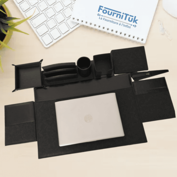 Parure de Bureau Luxe – Noir || Coffret 8 Pièces en Similicuir Premium