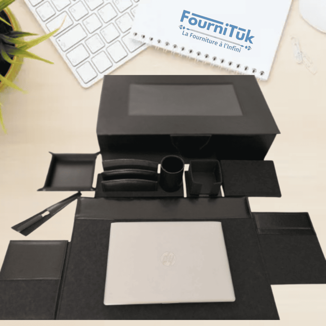 Parure de Bureau Luxe – Noir || Coffret 8 Pièces en Similicuir Premium