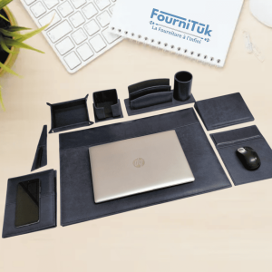 Parure de Bureau Luxe – Bleu || Coffret 8 Pièces en Similicuir Premium