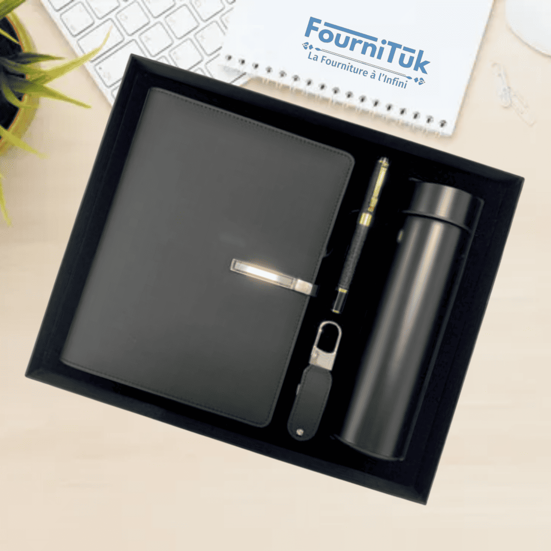 Coffret VIP 3 – Notebook 16×22 cm + Bouteille Thermos Intelligente + USB 32Go + Stylo || Ensemble Cadeau Professionnel Premium