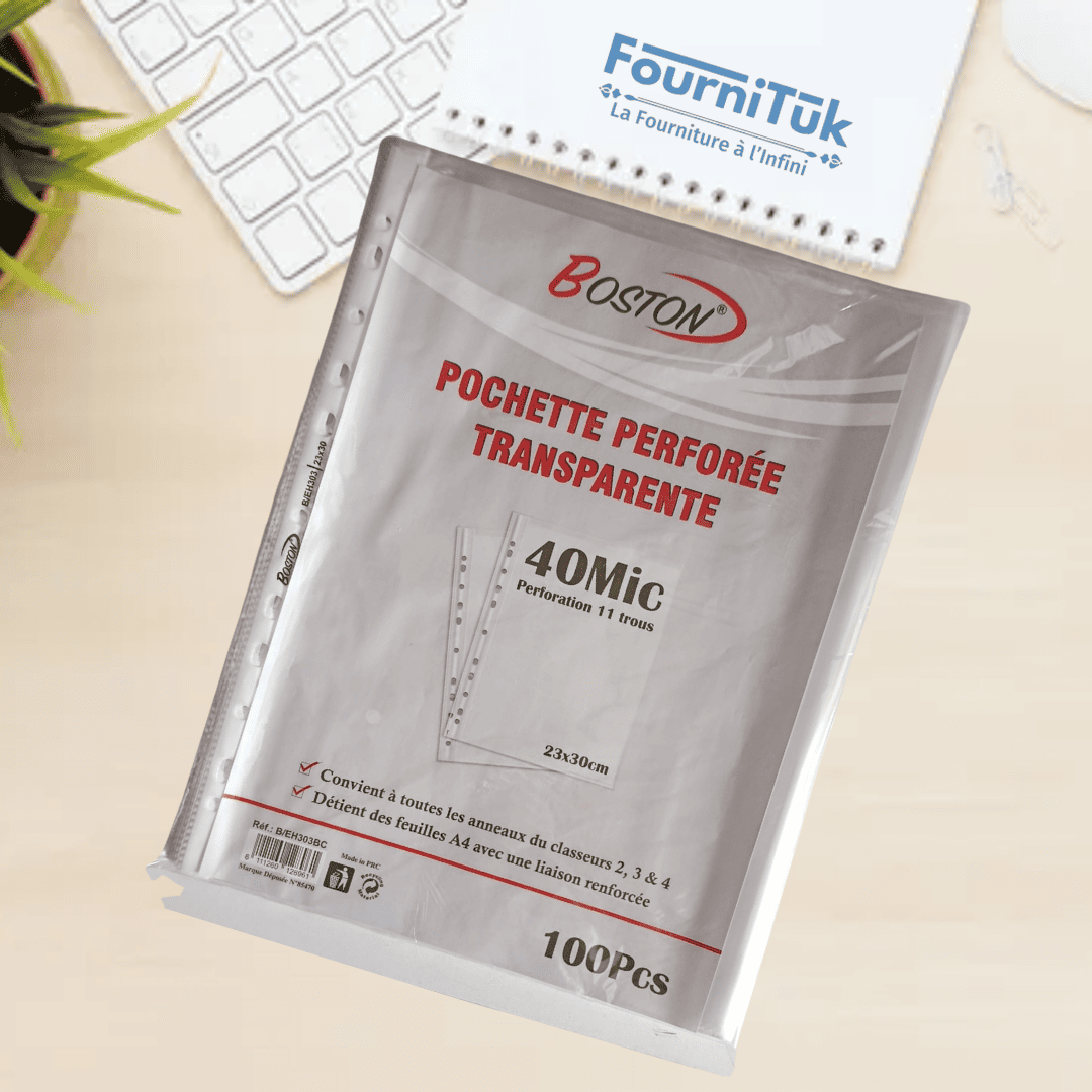 Pochette Perforée 40 Microns BOSTON – Transparente pour Classeur A4