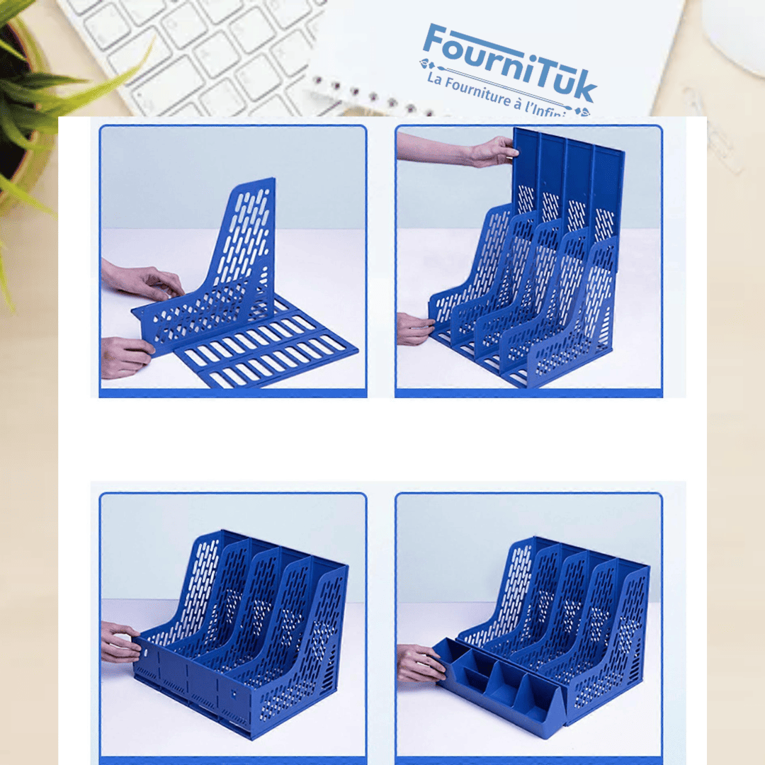 Porte-Revues de Bureau 4 Compartiments avec Porte-Stylos Amovibles – Rangement Documents & Magazine