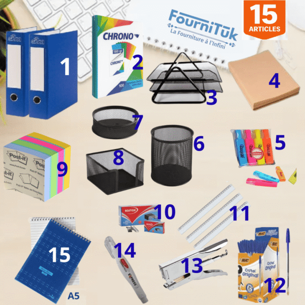 Pack Nouveau Bureau – Kit Démarrage Professionnel – 15 Pcs – Fournitures Complètes