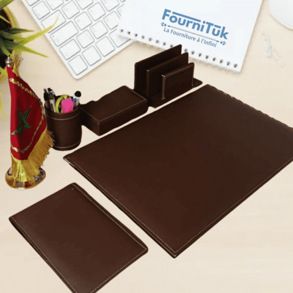 Ensemble de Bureau en Similicuir avec Drapeau Marocain – Couleur Marron