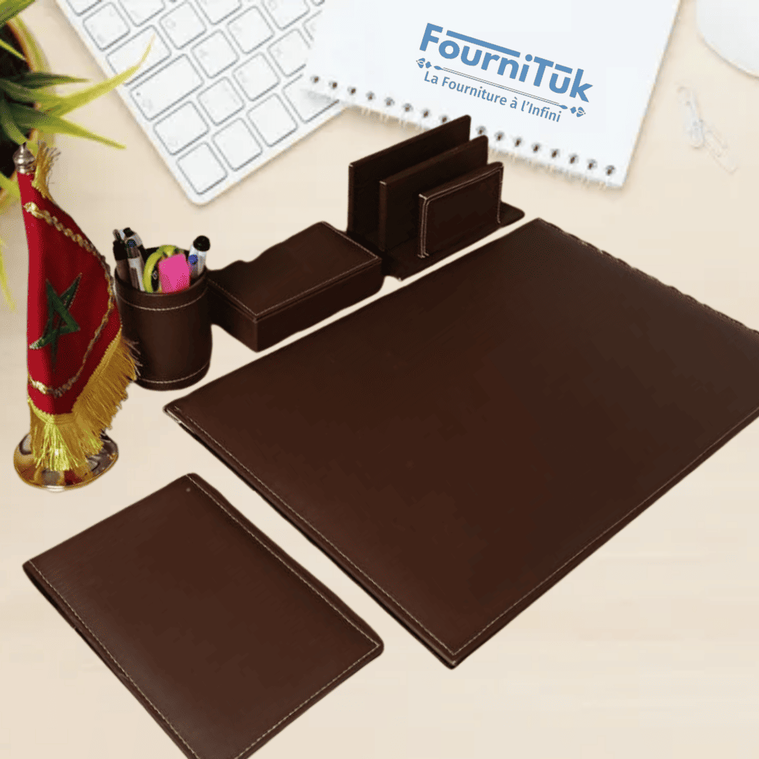 Ensemble de Bureau en Similicuir avec Drapeau Marocain – Couleur Marron