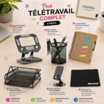 Pack Télétravail Complet – Support PC, Support Téléphone, Tapis Souris, Bloc-Notes, Pot à Crayon & Panier à Courrier (6 pièces)