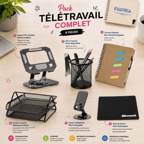 Pack Télétravail Complet – Support PC, Support Téléphone, Tapis Souris, Bloc-Notes, Pot à Crayon & Panier à Courrier (6 pièces)