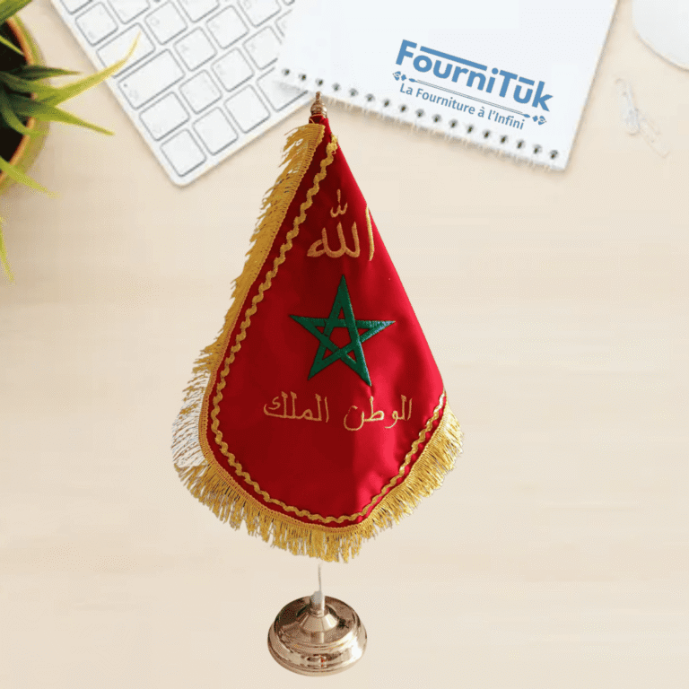 Drapeau de Bureau Marocain Grand Modèle 52 cm – Socle Cuivré Élégant – Brodé الله الوطن الملك