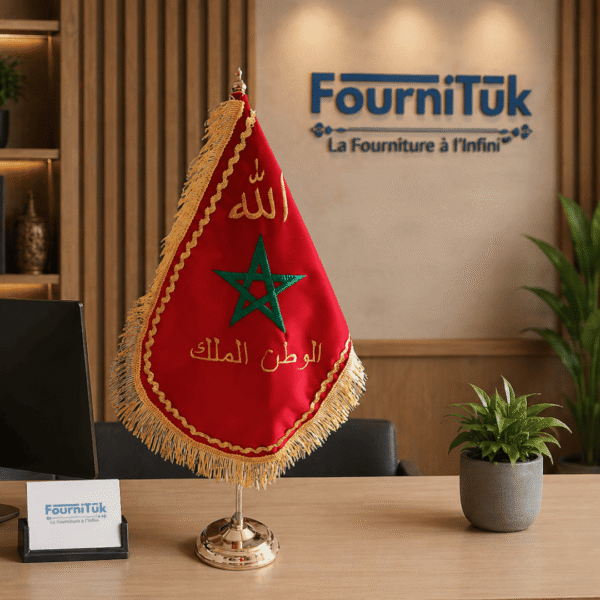Drapeau de Bureau Marocain Grand Modèle 52 cm – Socle Cuivré Élégant – Brodé الله الوطن الملك
