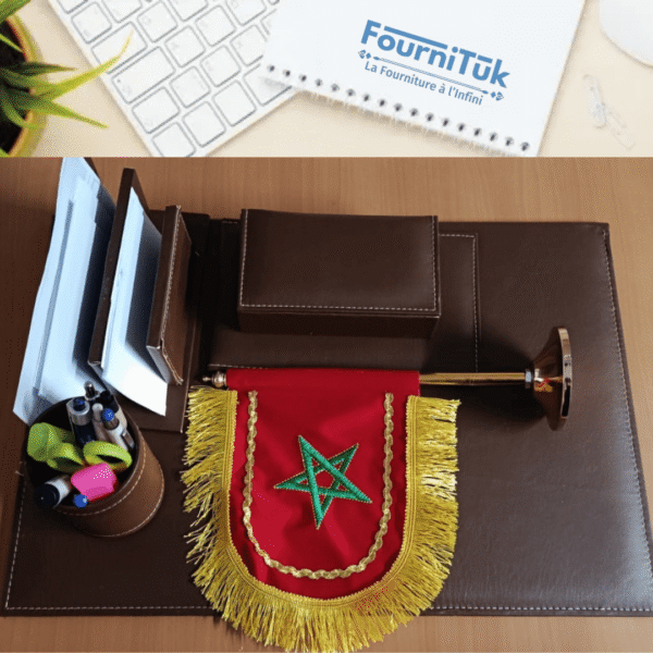 Ensemble de Bureau en Similicuir avec Drapeau Marocain – Couleur Marron