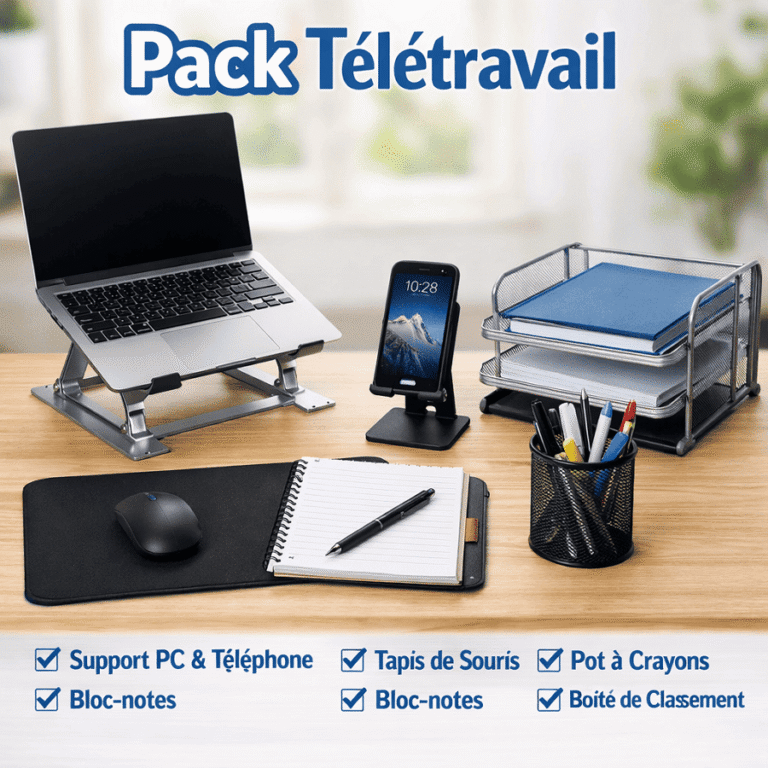 Pack Télétravail Complet – Support PC, Support Téléphone, Tapis Souris, Bloc-Notes, Pot à Crayon & Panier à Courrier (6 pièces)