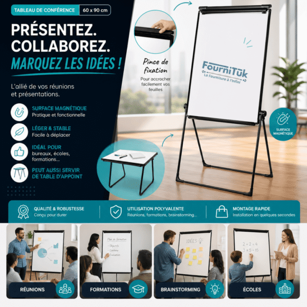 Tableau de Conférence Magnétique 60x90 cm – Paperboard Professionnel Pliable pour Réunions & Formations