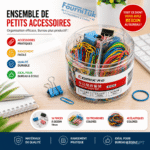 Ensemble Accessoires de Bureau Comix B3656 – Trombones, Pinces & Élastiques Colorés avec Boîte de Rangement