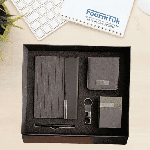 Coffret Cadeau VIP Personnalisable 5 Pièces – Notebook A5, Stylo, Porte-Stylo, Porte-Clés et Bloc Mémo
