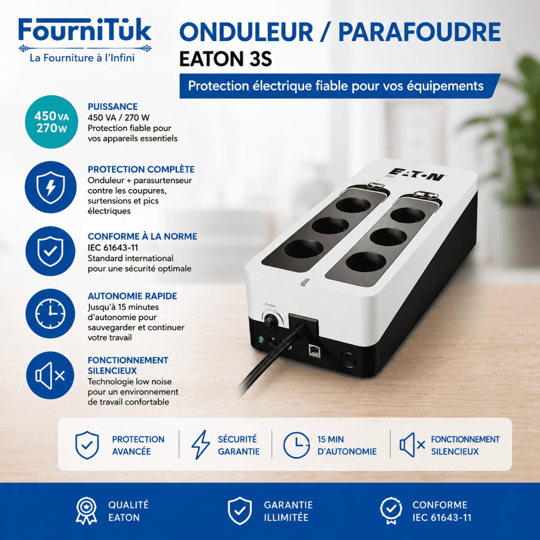 Onduleur EATON 3S 450VA / 270W – UPS Parafoudre 6 Prises